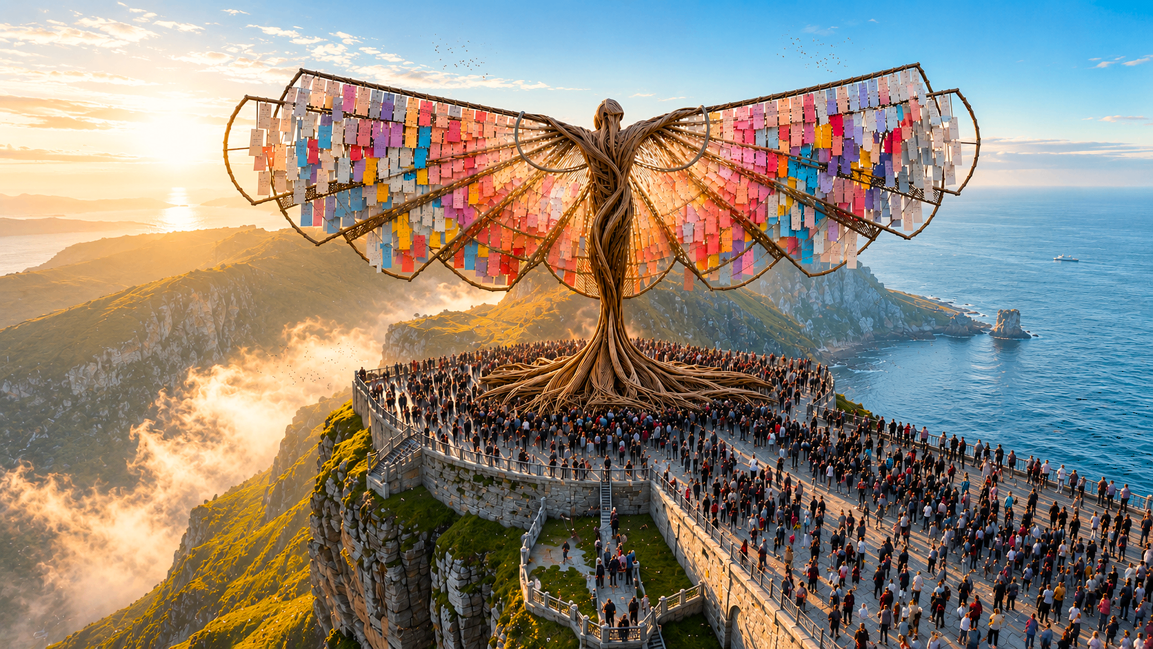 The Wonder — a winged sculpture built from children's artwork on a cliff at sunset